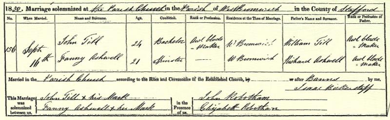 Marriage 16 Sep 1850 John Till & Fanny Till Parish Church, West Bromwich, Stafford, England, UK